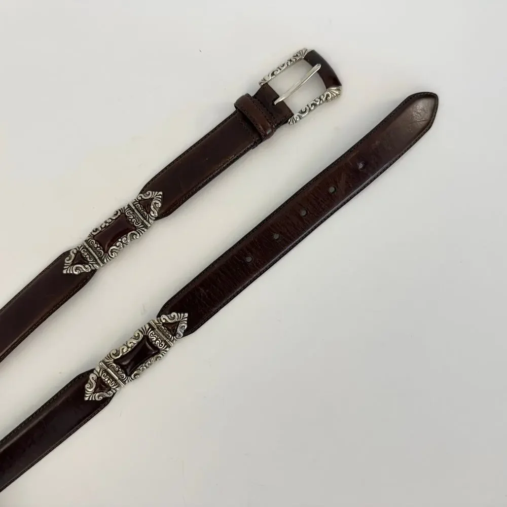 Fossil Brown Leather Belt Silver-Tone Hardware Boho Design Size M